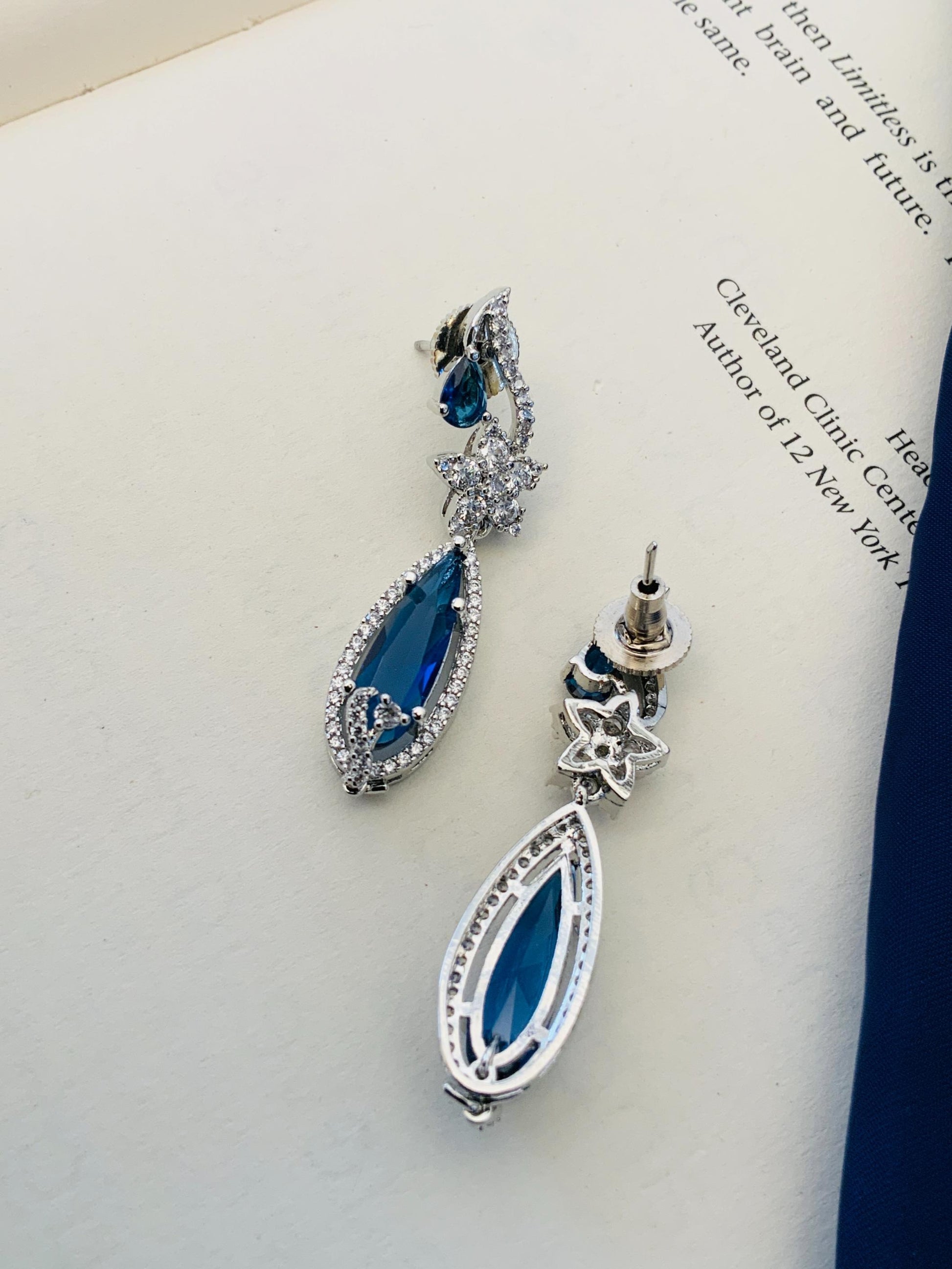Blue Sapphire Silver Plated American Diamond Necklace Set earrings with teardrop design from Abdesignsjewellery