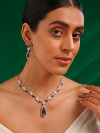 Thumbnail for Blue Sapphire Silver Plated American Diamond Necklace Set worn by a woman with matching earrings