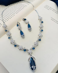 Thumbnail for Blue Sapphire Silver Plated American Diamond Necklace Set with matching earrings on open book