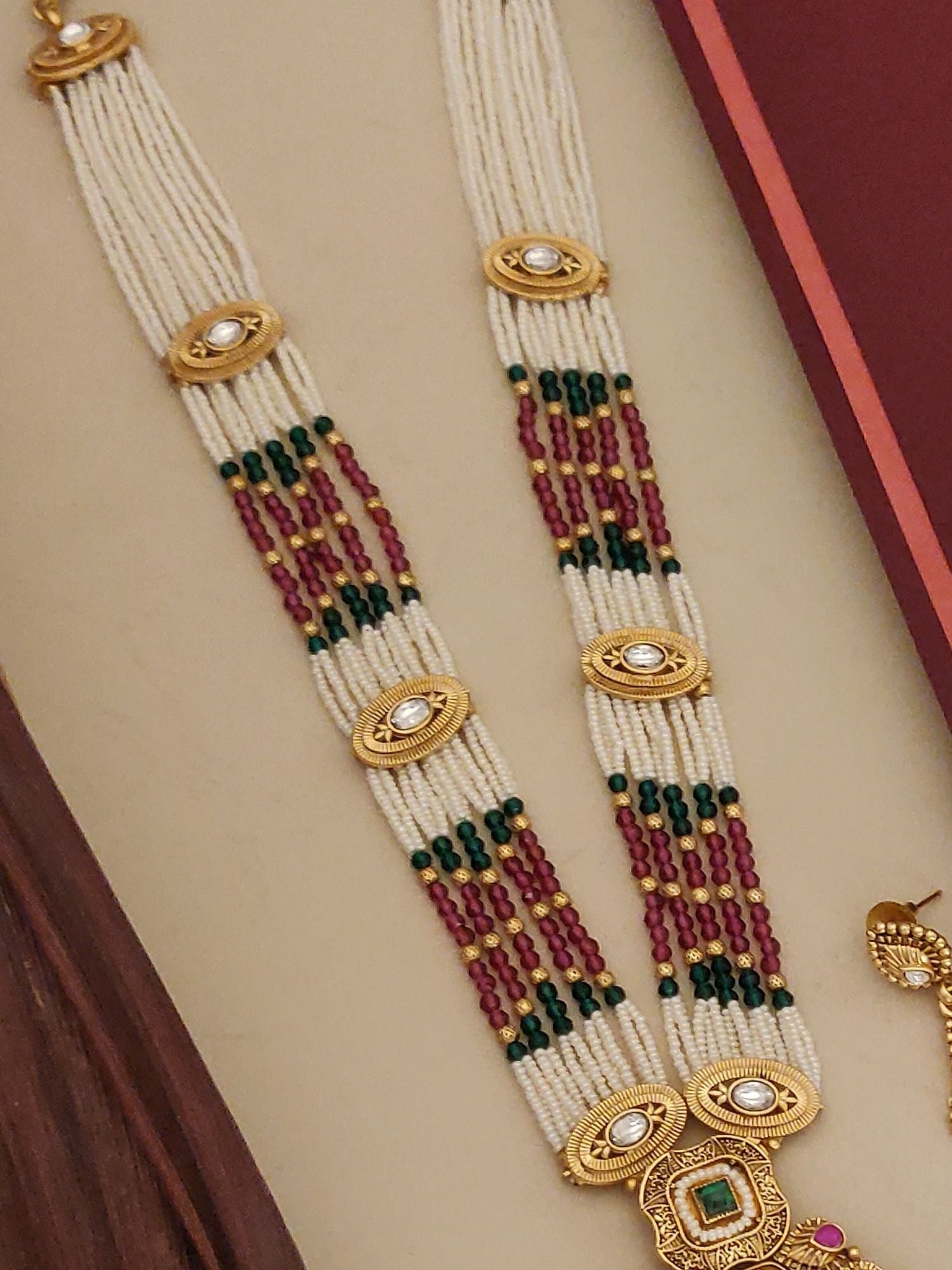 Bridal Long Gold Plated Artificial Stone Beads Necklace Set multi strand white beads with green and red accents and gold pendant