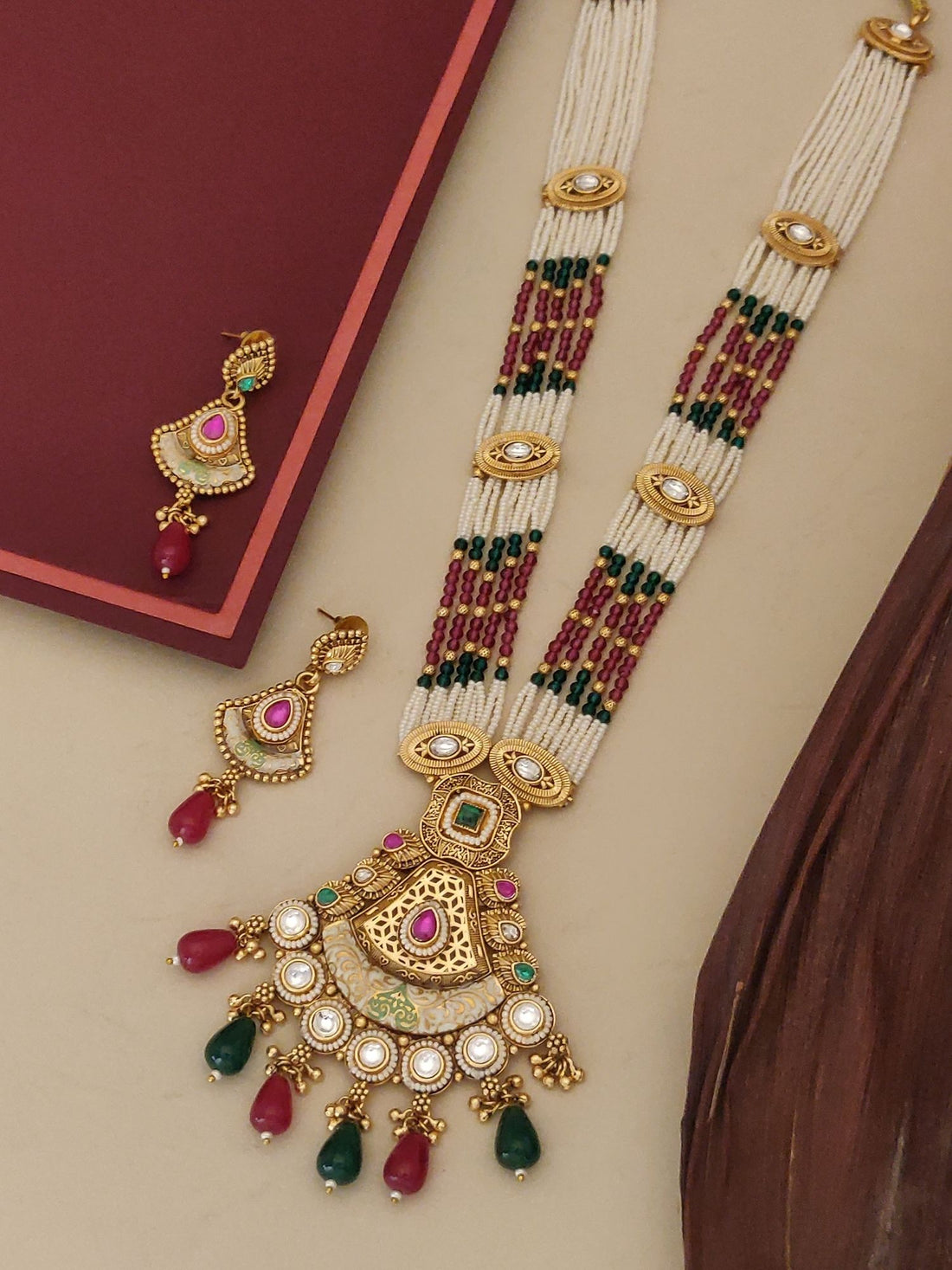 Bridal Long Gold Plated Artificial Stone Beads Necklace Set by Abdesignsjewellery multistrand white beads pink green pendant