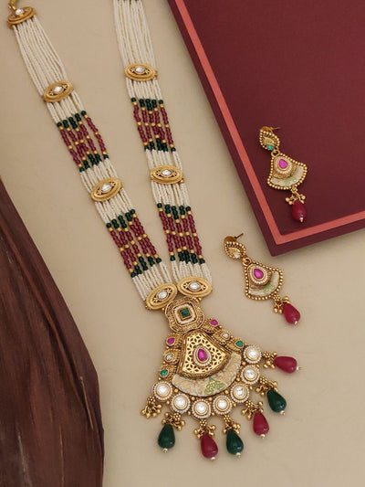 Abdesigns Bridal Long Gold Plated Artificial Stone Beads Necklace Set