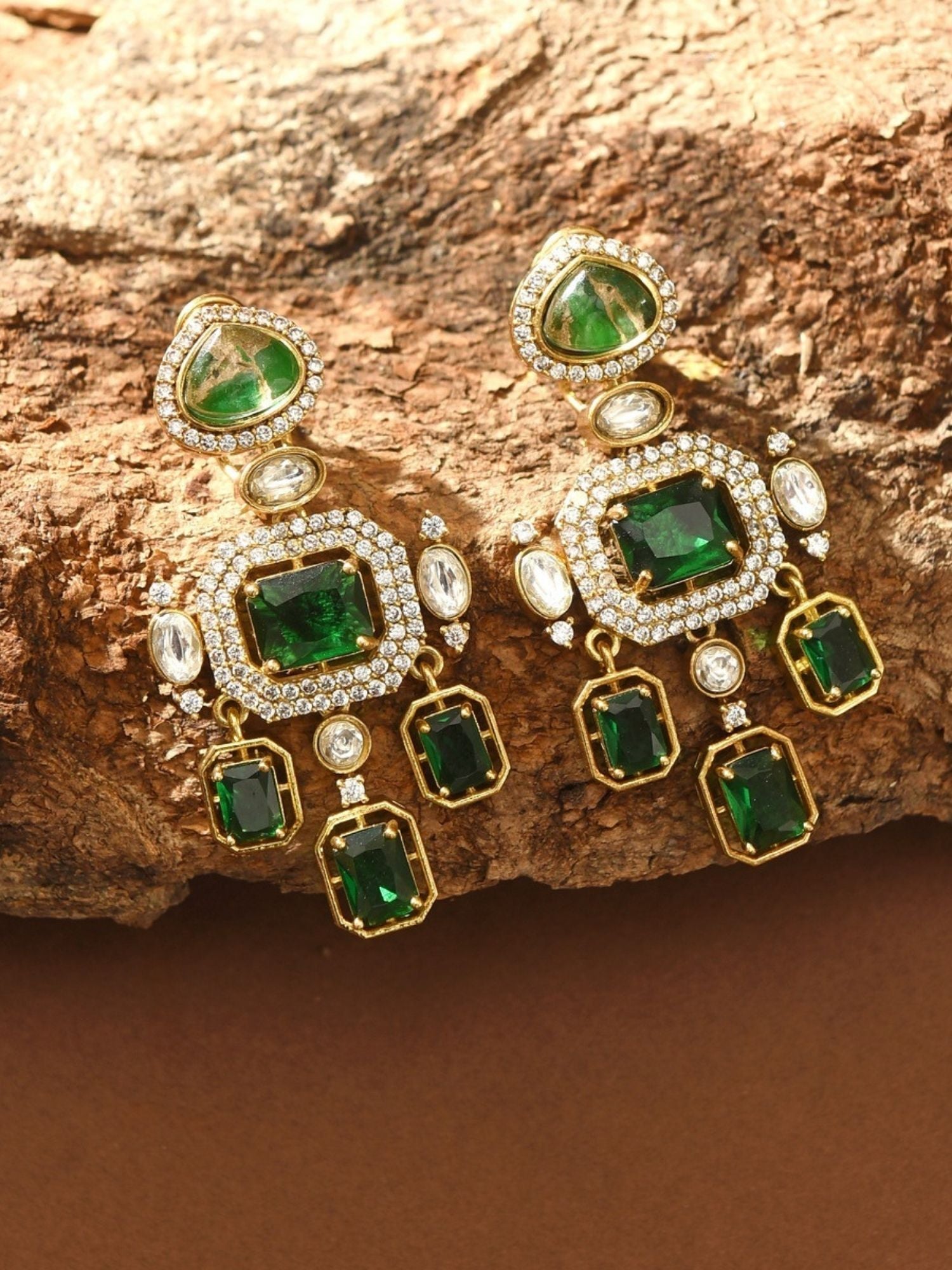 Abdesignsjewellery green polki chandelier earrings from bridal polki necklace and earrings set with gold setting