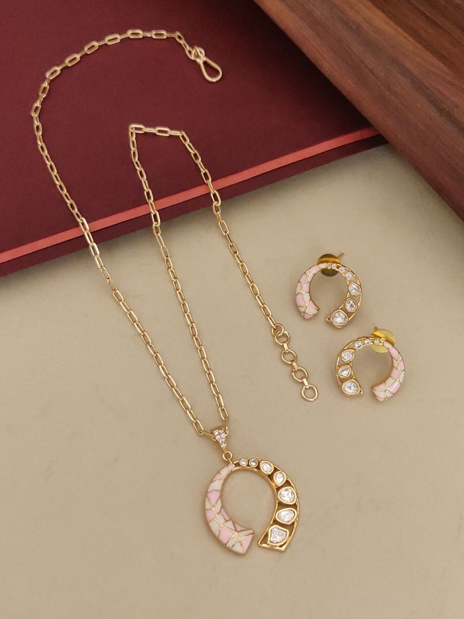 Abdesignsjewellery gold horseshoe pendent necklace and matching hoops with pink mosaic and crystals colorful stone jewelry online
