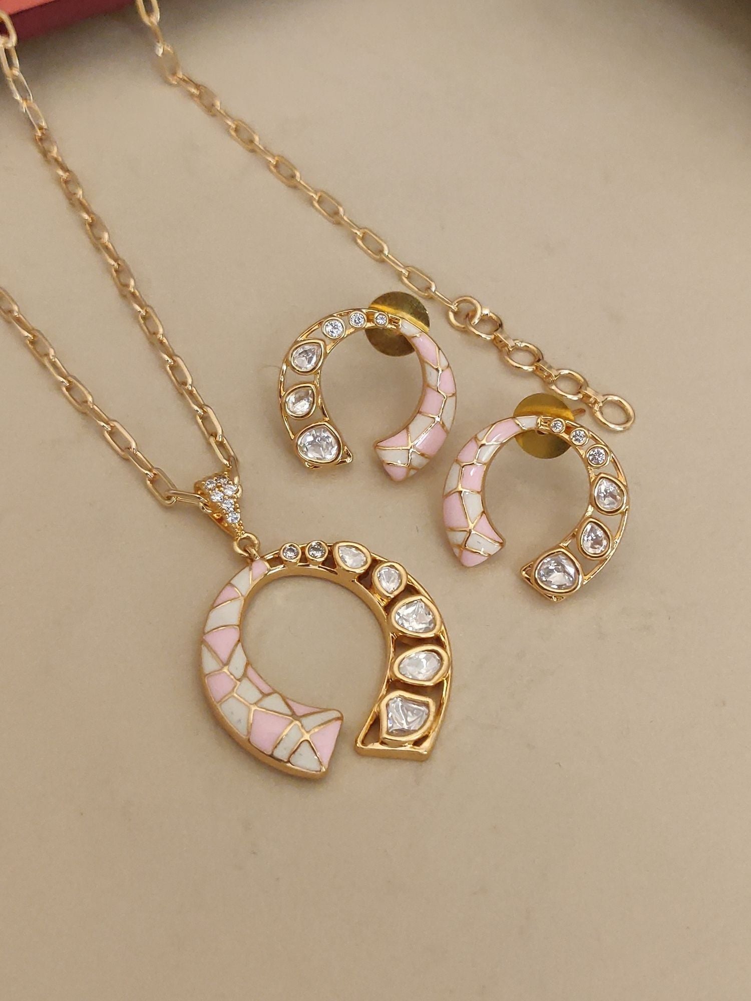 Abdesignsjewellery gold horseshoe pendant and matching earrings with pink enamel and crystals colorful stone jewelry online