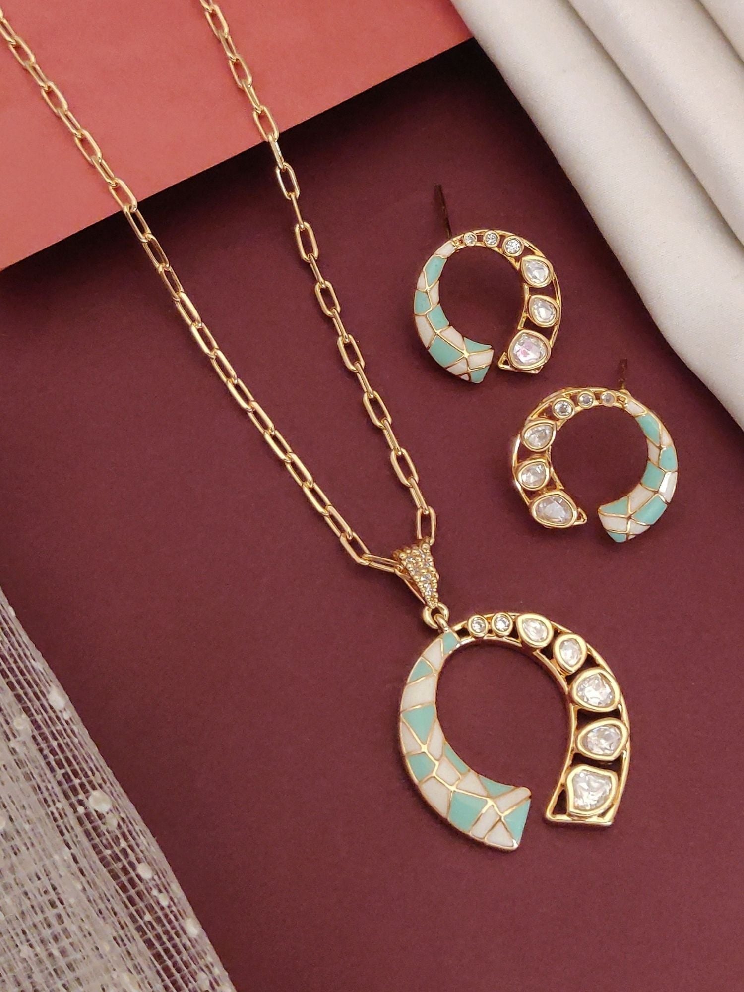 Abdesignsjewellery gold pendant with turquoise mosaic and crystal accents with matching earrings colorful stone jewelry online