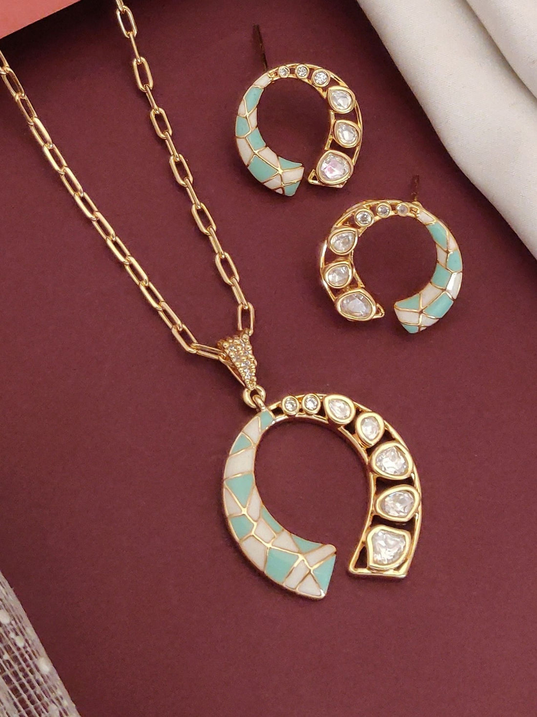 Abdesignsjewellery gold pendant with turquoise mosaic and crystal accents with matching earrings colorful stone jewelry online
