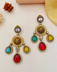 Thumbnail for Abdesignsjewellery Lion Motif Statement Earrings with Colorful Gemstone Drops