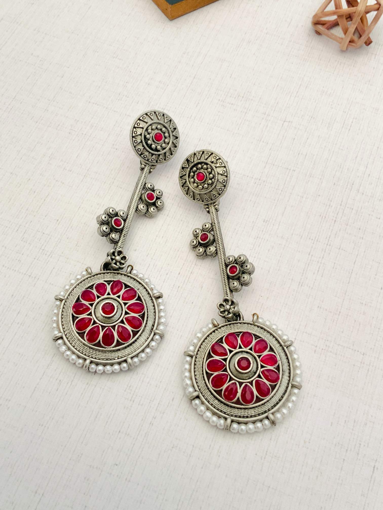 Contemporary German Silver Round Earring by Abdesignsjewellery featuring intricate red and silver floral design