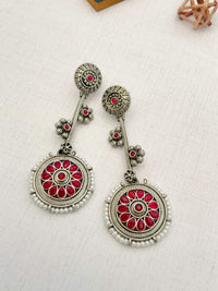 Thumbnail for Contemporary German Silver Round Earring by Abdesignsjewellery featuring intricate red and silver floral design