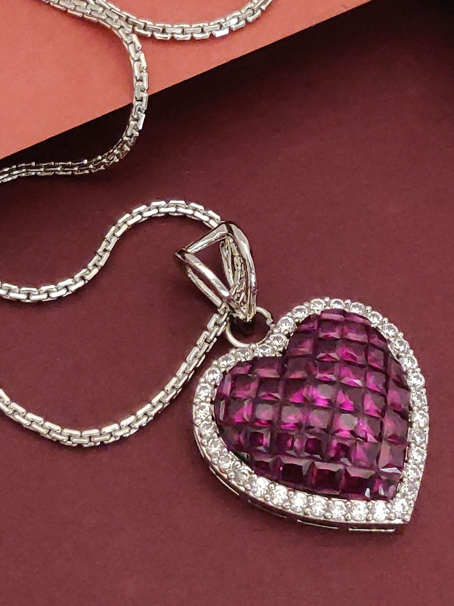 Crystal Diamond Heart Pendent Chain with purple gemstone heart pendant and silver chain by Abdesignsjewellery