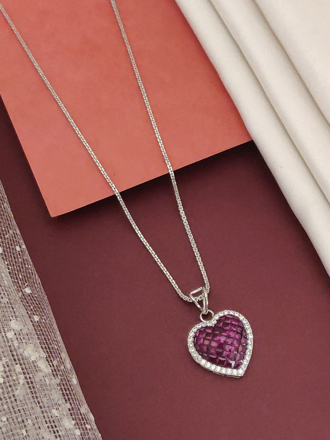 Abdesignsjewellery Crystal Diamond Heart Pendent Chain with purple heart-shaped pendant surrounded by clear crystals