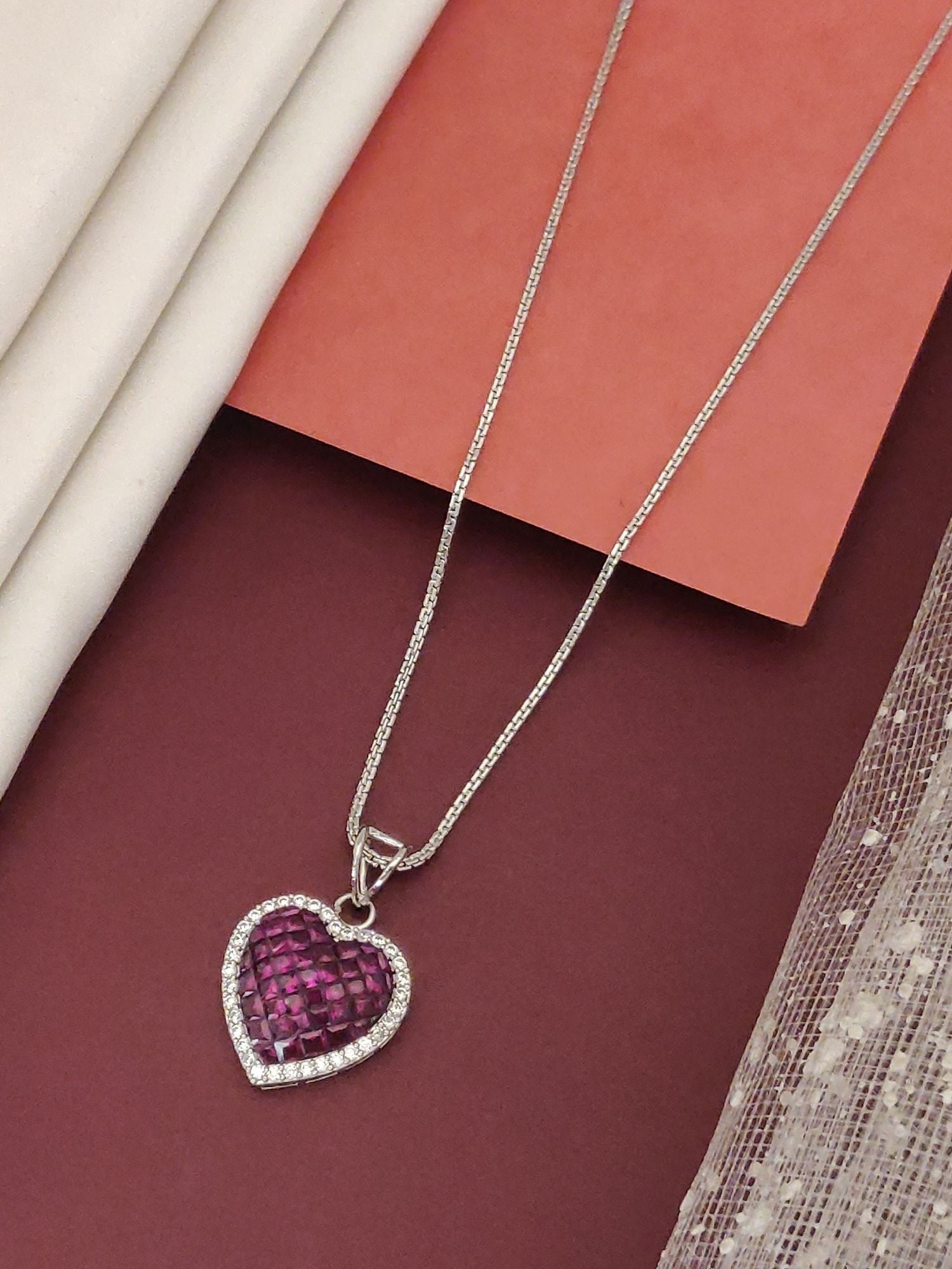 Crystal Diamond Heart Pendent Chain with purple heart-shaped pendant and silver chain by Abdesignsjewellery