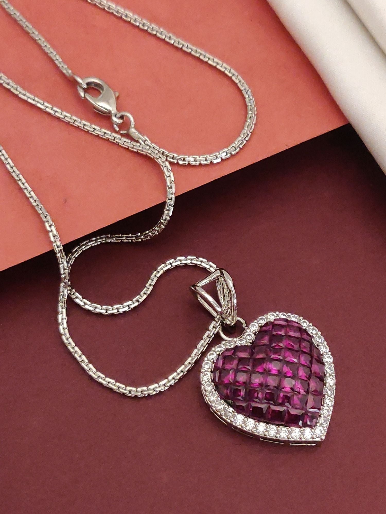 Crystal Diamond Heart Pendent Chain with purple gemstone heart pendant on silver chain from Abdesignsjewellery