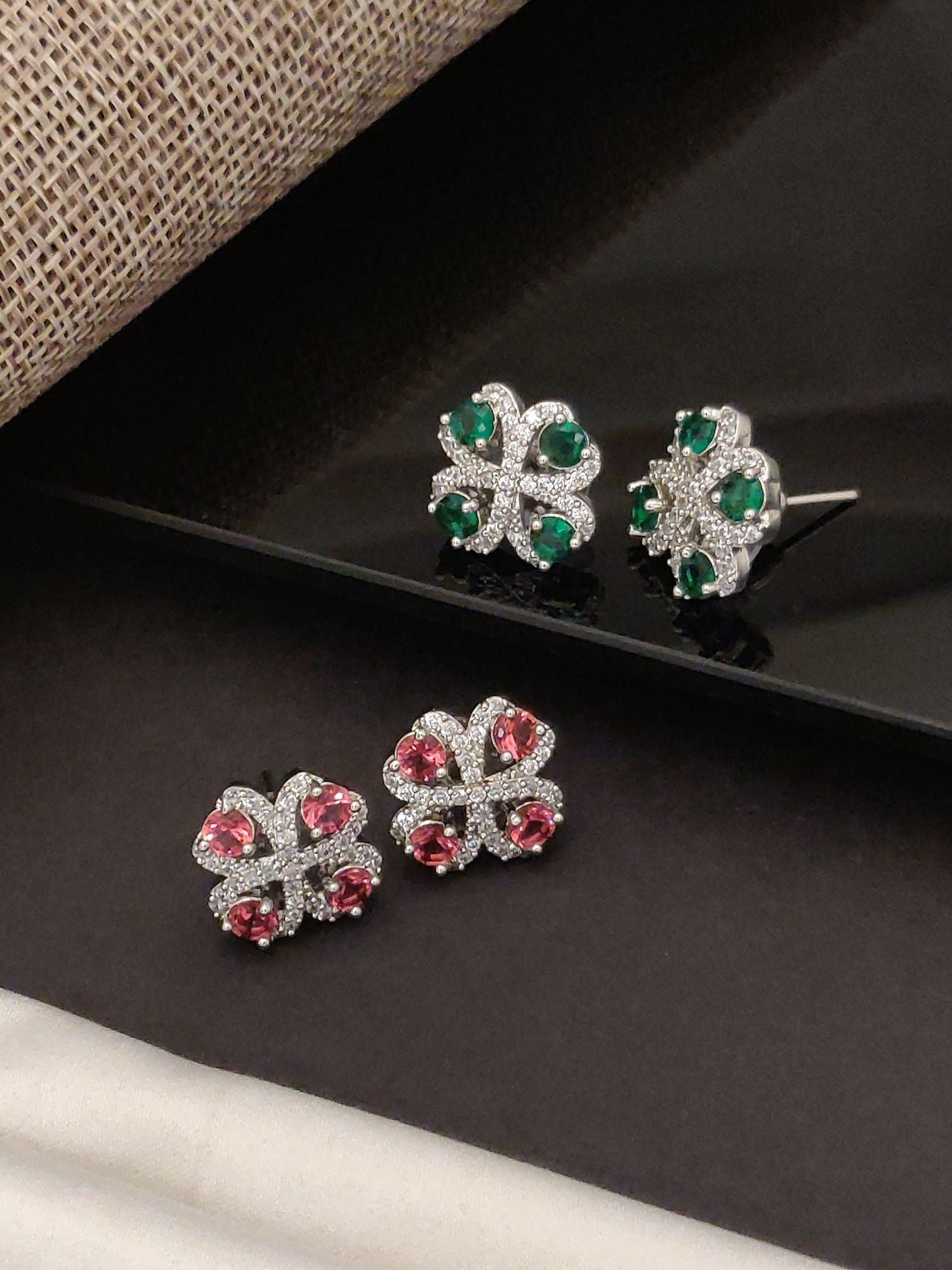 Abdesignsjewellery Delicate American Diamond Earring Combo floral silver stud earrings with green and pink stones