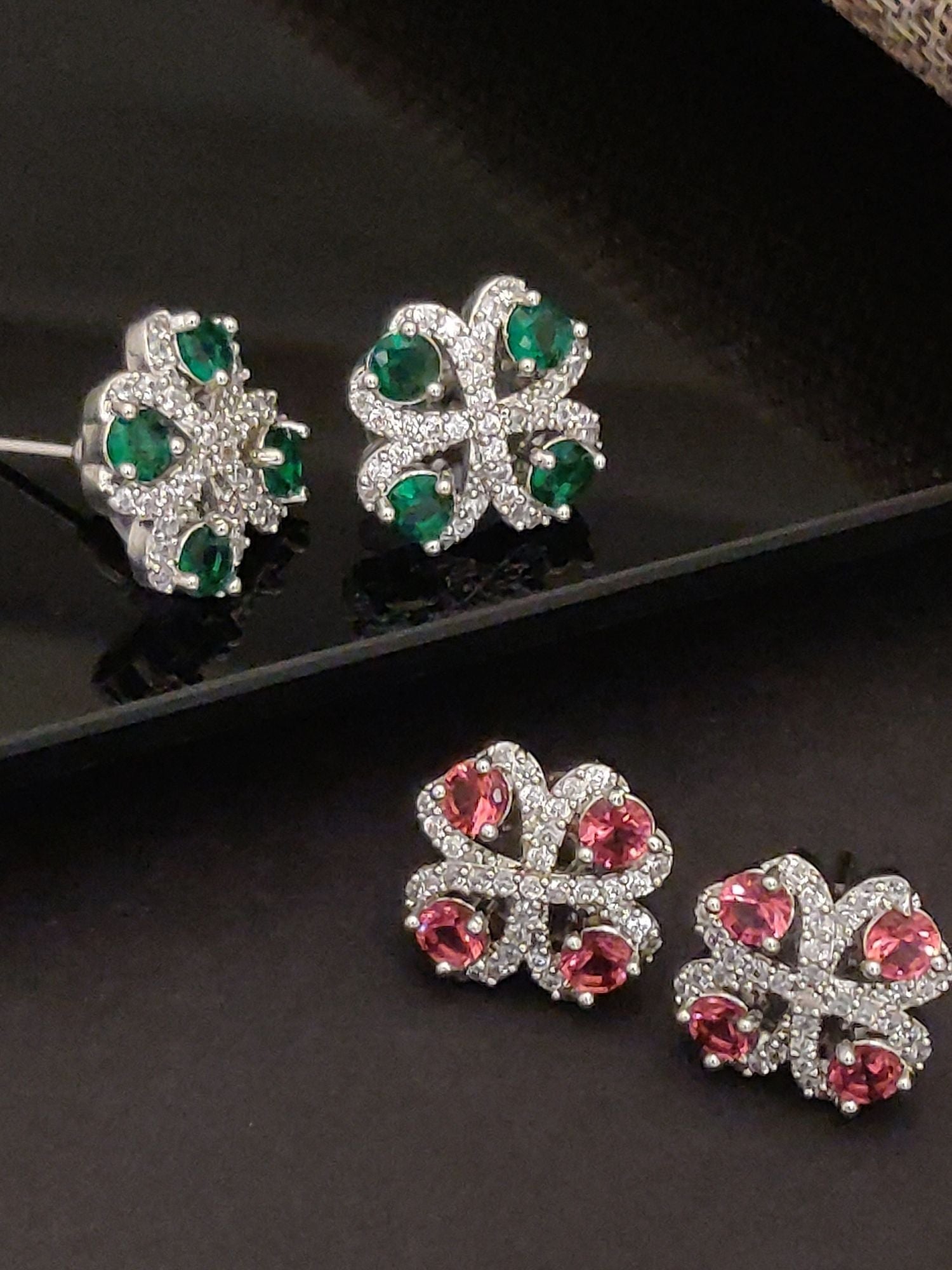 Abdesignsjewellery Delicate American Diamond Earring Combo green and pink floral crystal stud earrings in silver tone