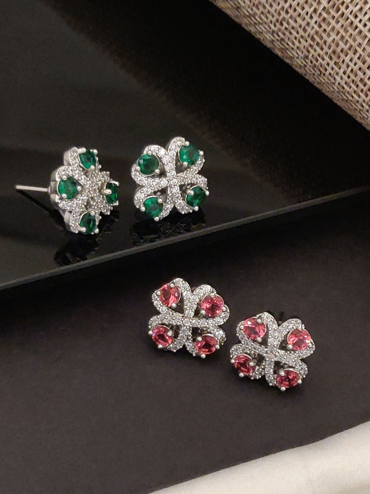 Abdesignsjewellery Delicate American Diamond Earring Combo silver clover stud earrings with green and pink stones