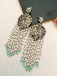Thumbnail for Delicate German Silver Plated Long Earring with intricate floral design and pearl bead strands with green accents