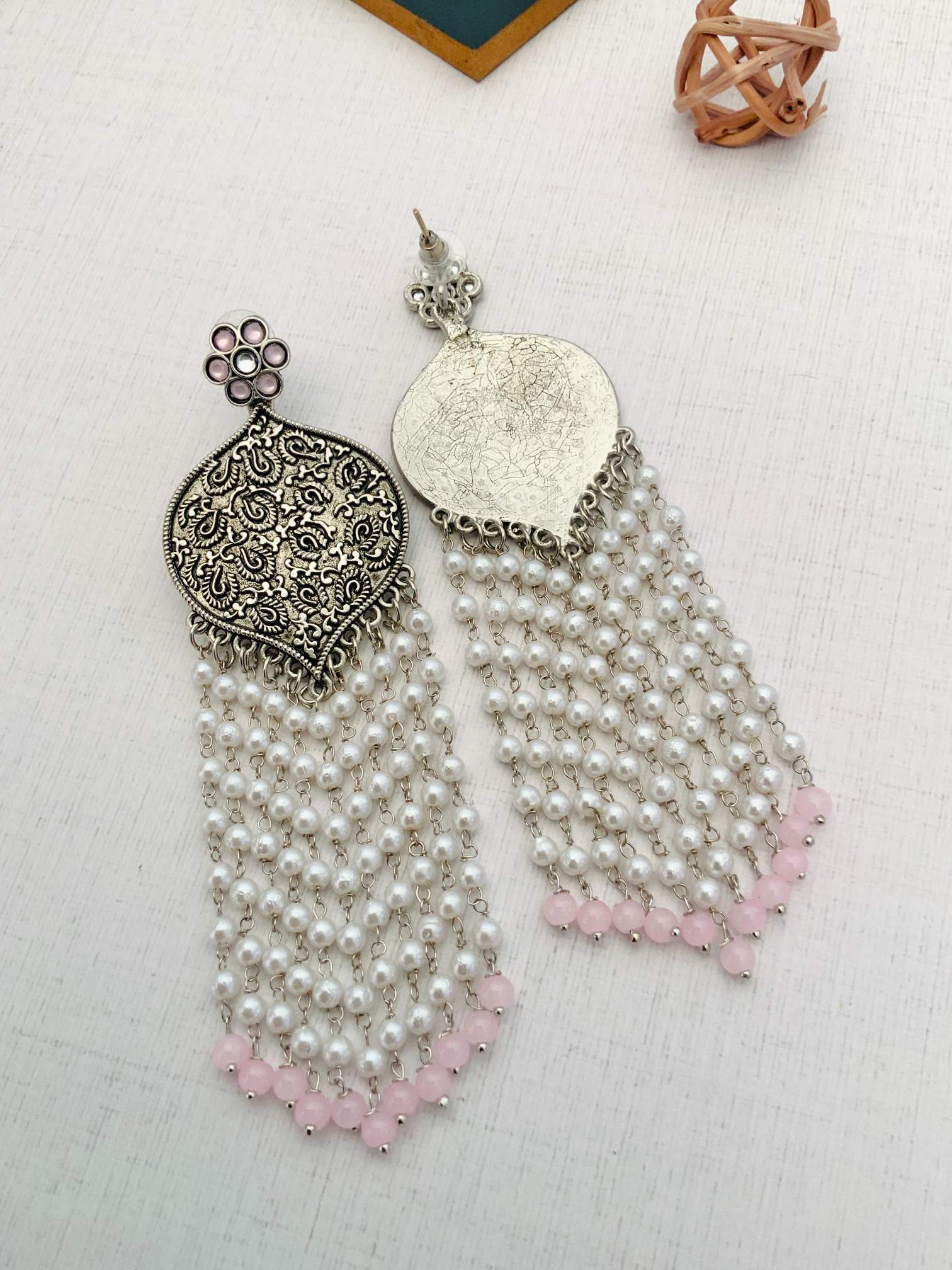 Delicate German Silver Plated Long Earring with intricate floral design and pearl bead tassels