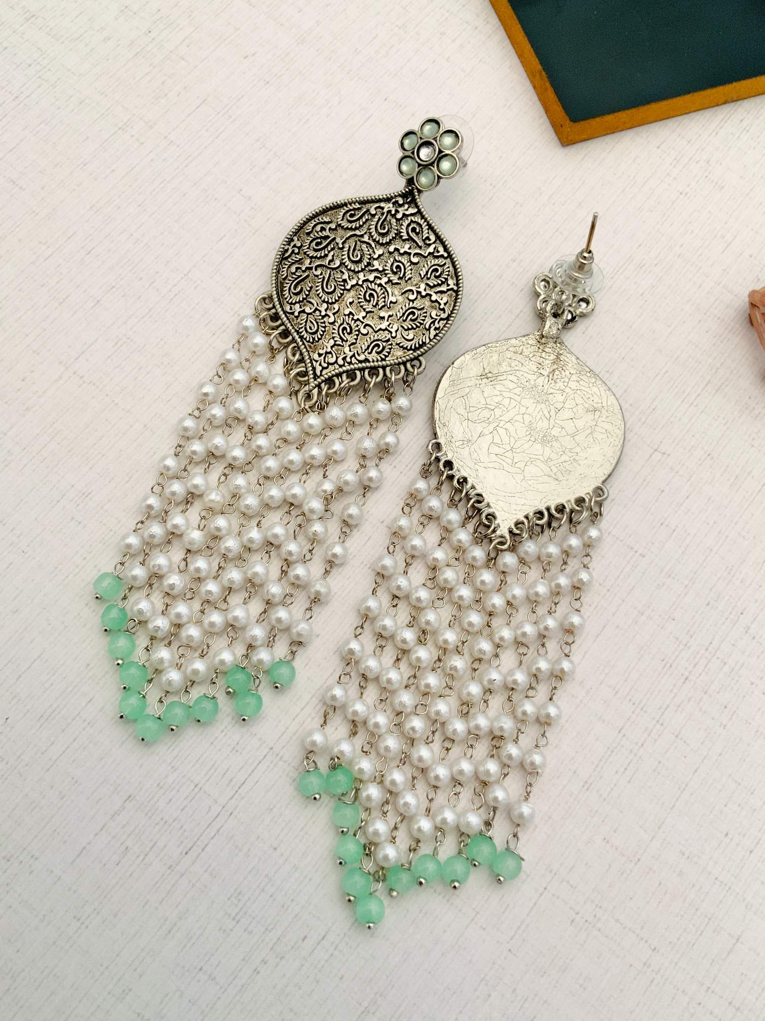 Delicate German Silver Plated Long Earring with pearl and light green bead tassels by Abdesignsjewellery