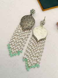 Thumbnail for Delicate German Silver Plated Long Earring with pearl and light green bead tassels by Abdesignsjewellery
