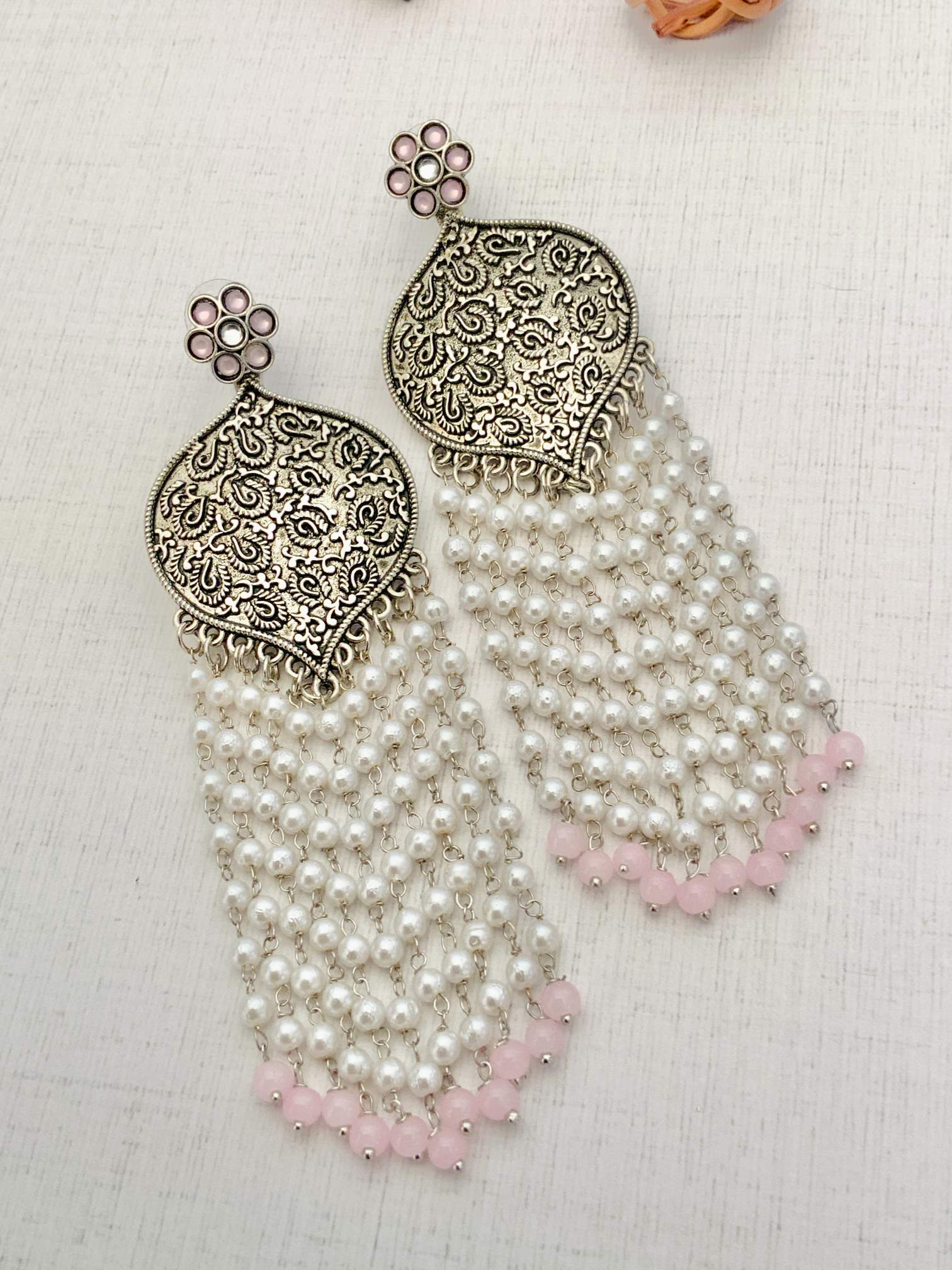 Delicate German Silver Plated Long Earring with intricate floral design and hanging white and pink beads