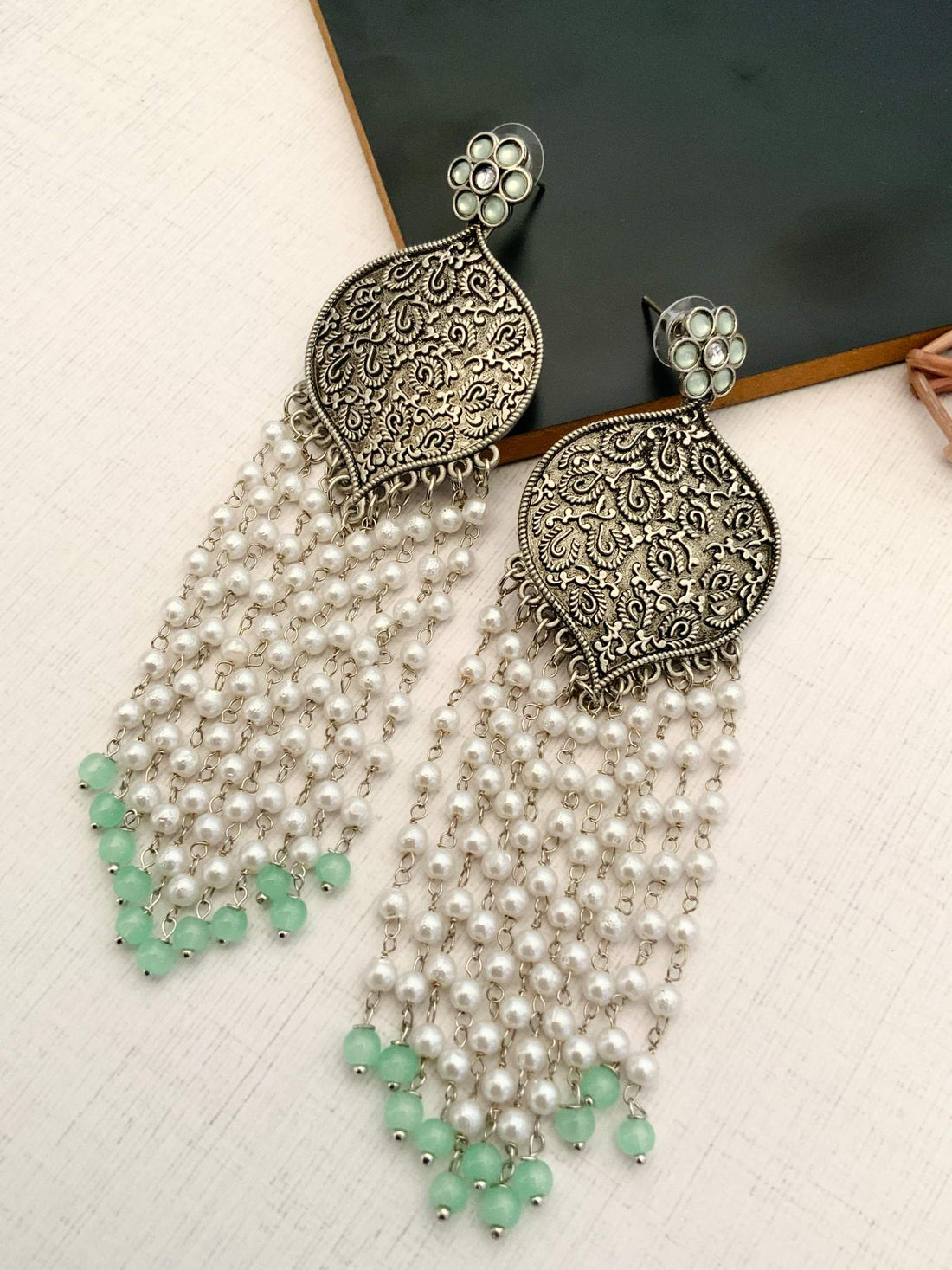 Delicate German Silver Plated Long Earring with intricate design and pearl bead tassels by Abdesignsjewellery