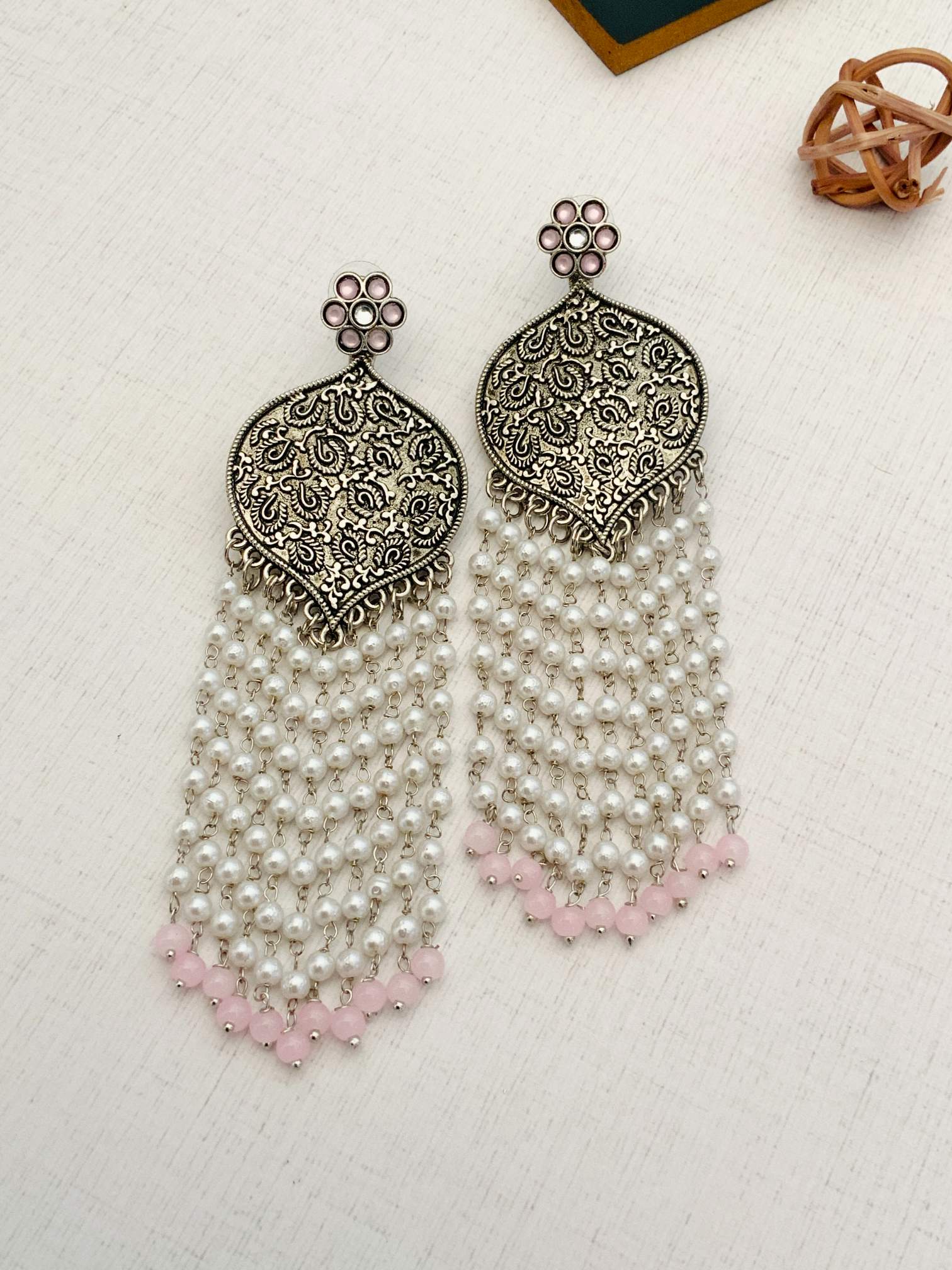 Delicate German Silver Plated Long Earring with intricate design and pearl bead tassels by Abdesignsjewellery