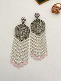 Thumbnail for Delicate German Silver Plated Long Earring with intricate design and pearl bead tassels by Abdesignsjewellery