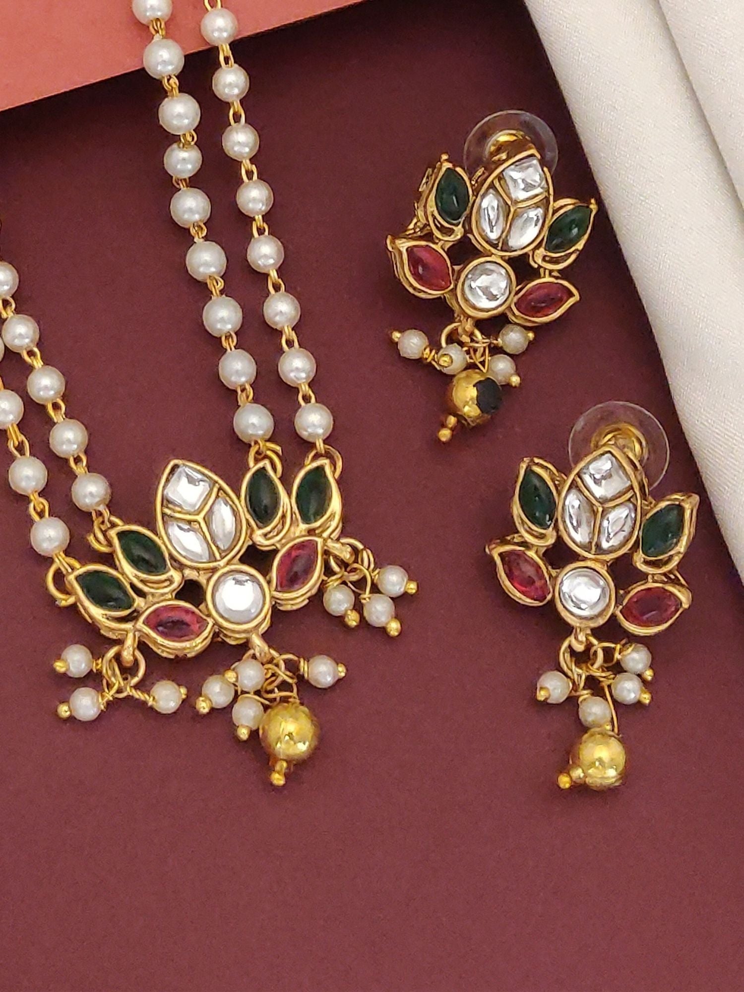 Abdesignsjewellery Delicate Gold Plated Kempstone Kundan Necklace Set with pearl bead double chain and matching earrings