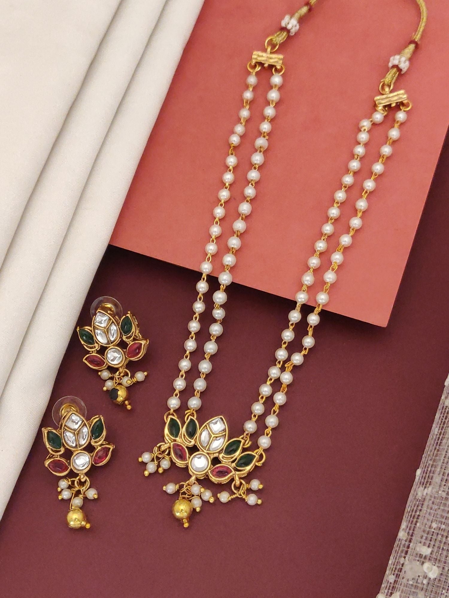 Delicate Gold Plated Kempstone Kundan Necklace Set double pearl strands floral kundan pendant with matching earrings