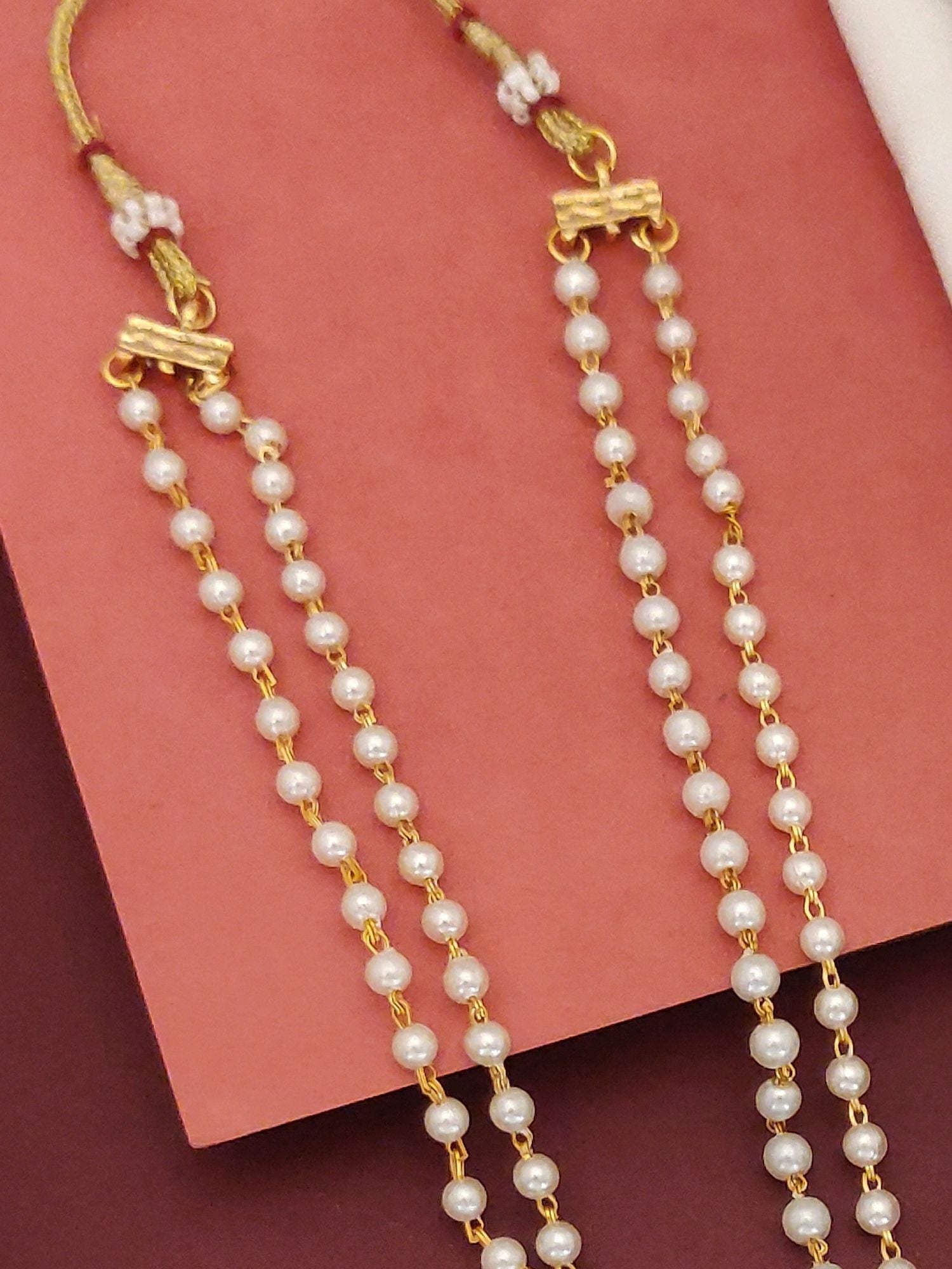 Abdesignsjewellery Delicate Gold Plated Kempstone Kundan Necklace Set double strand pearl beads for traditional occasions