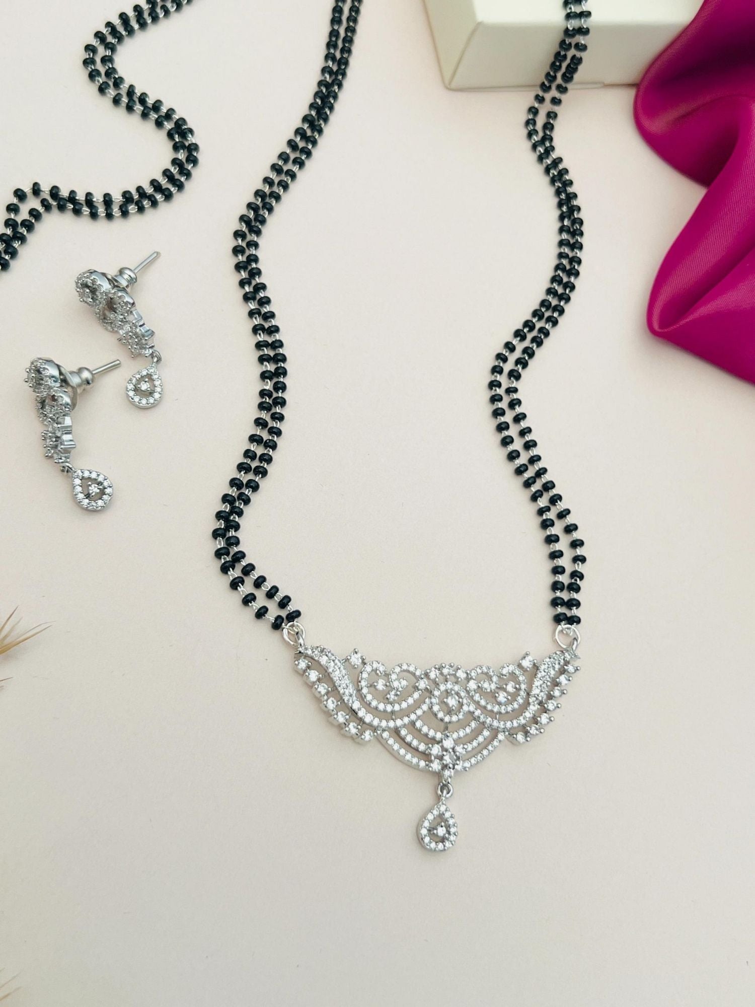 Abdesignsjewellery Delicate Silver Plated American Diamond Mangalsutra With Earrings. Double black bead chain with pendant