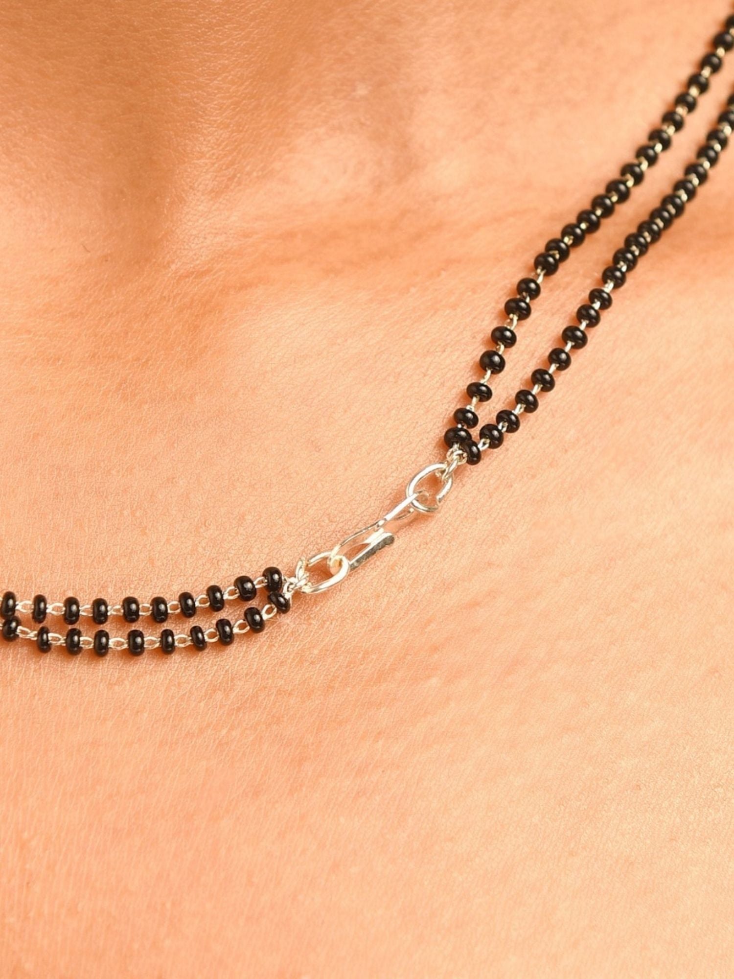 Delicate Silver Plated American Diamond Mangalsutra With Earrings double black bead chain with silver clasp on neckline