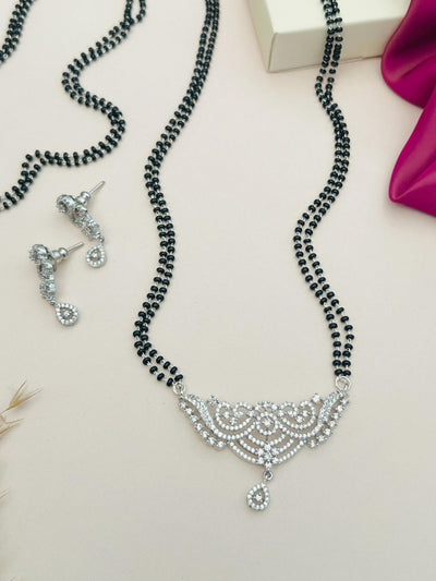Delicate Silver Plated American Diamond Mangalsutra With Earrings