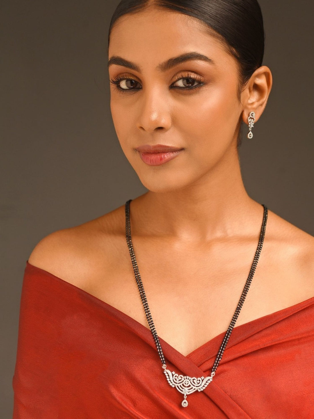 Delicate Silver Plated American Diamond Mangalsutra With Earrings. Abdesignsjewellery black bead pendant with drop earrings