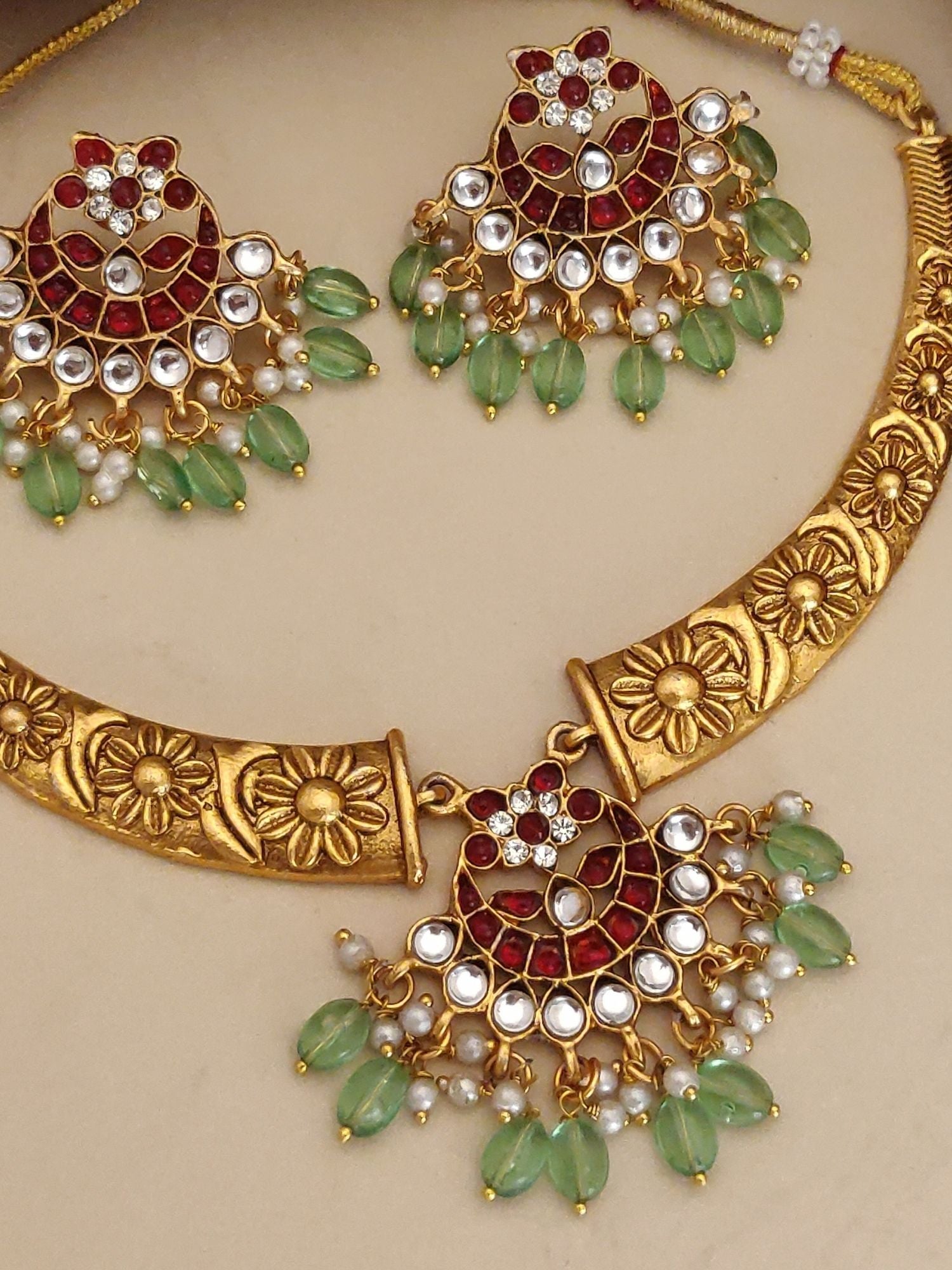 Abdesignsjewellery gold floral necklace with kundan red stones green beads and earrings designer fashion necklace set for women