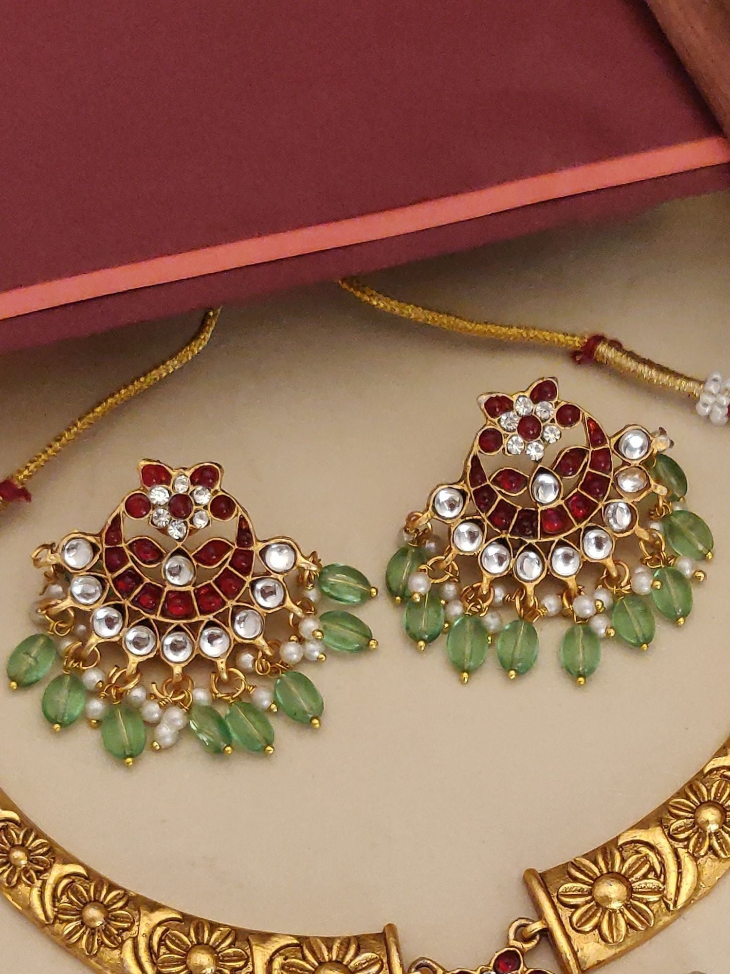 Abdesignsjewellery gold choker necklace with red kundan motifs and green bead drops designer fashion necklace set for women