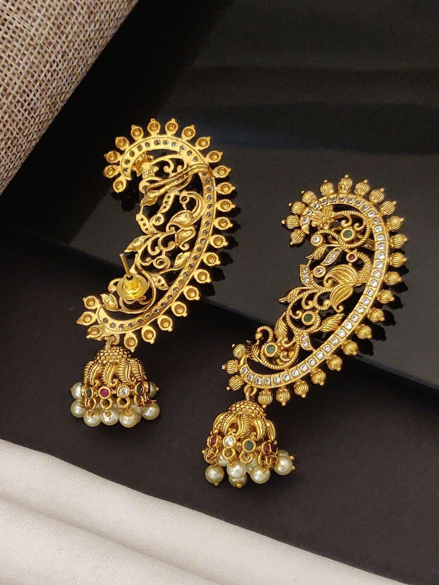 Abdesignsjewellery gold paisley jhumka earrings with filigree and pearls designer floral ear cuffs for women