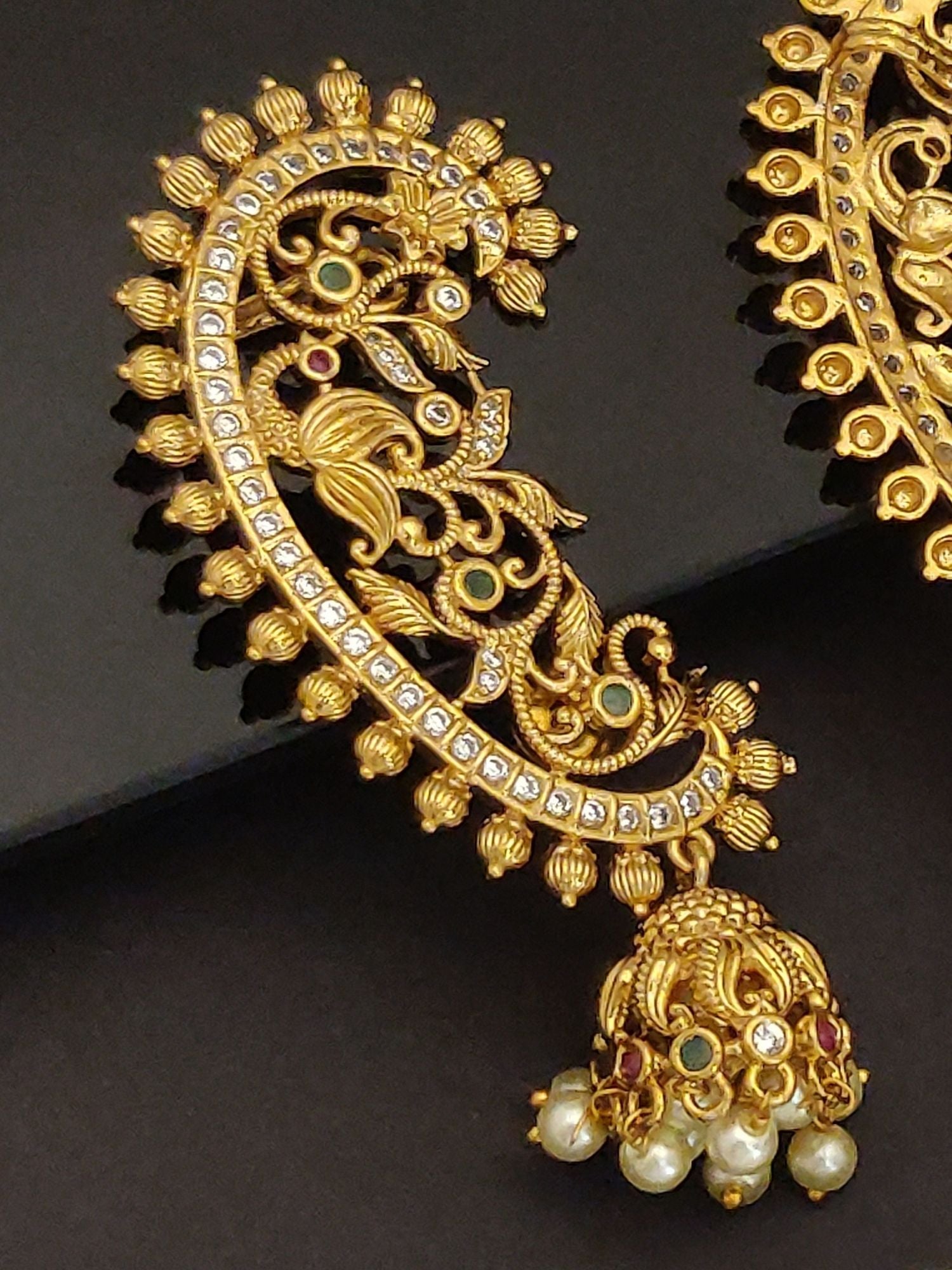 Abdesignsjewellery gold floral filigree ear cuff with pearl jhumka and gemstones designer floral ear cuffs for women