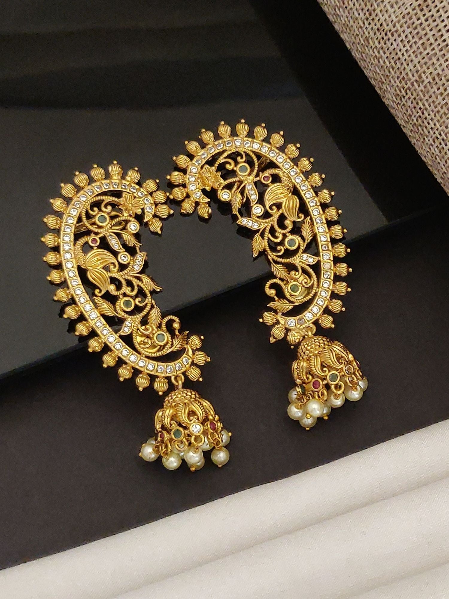 Abdesignsjewellery gold crescent filigree earrings with jhumka pearl drops ornate designer floral ear cuffs for women