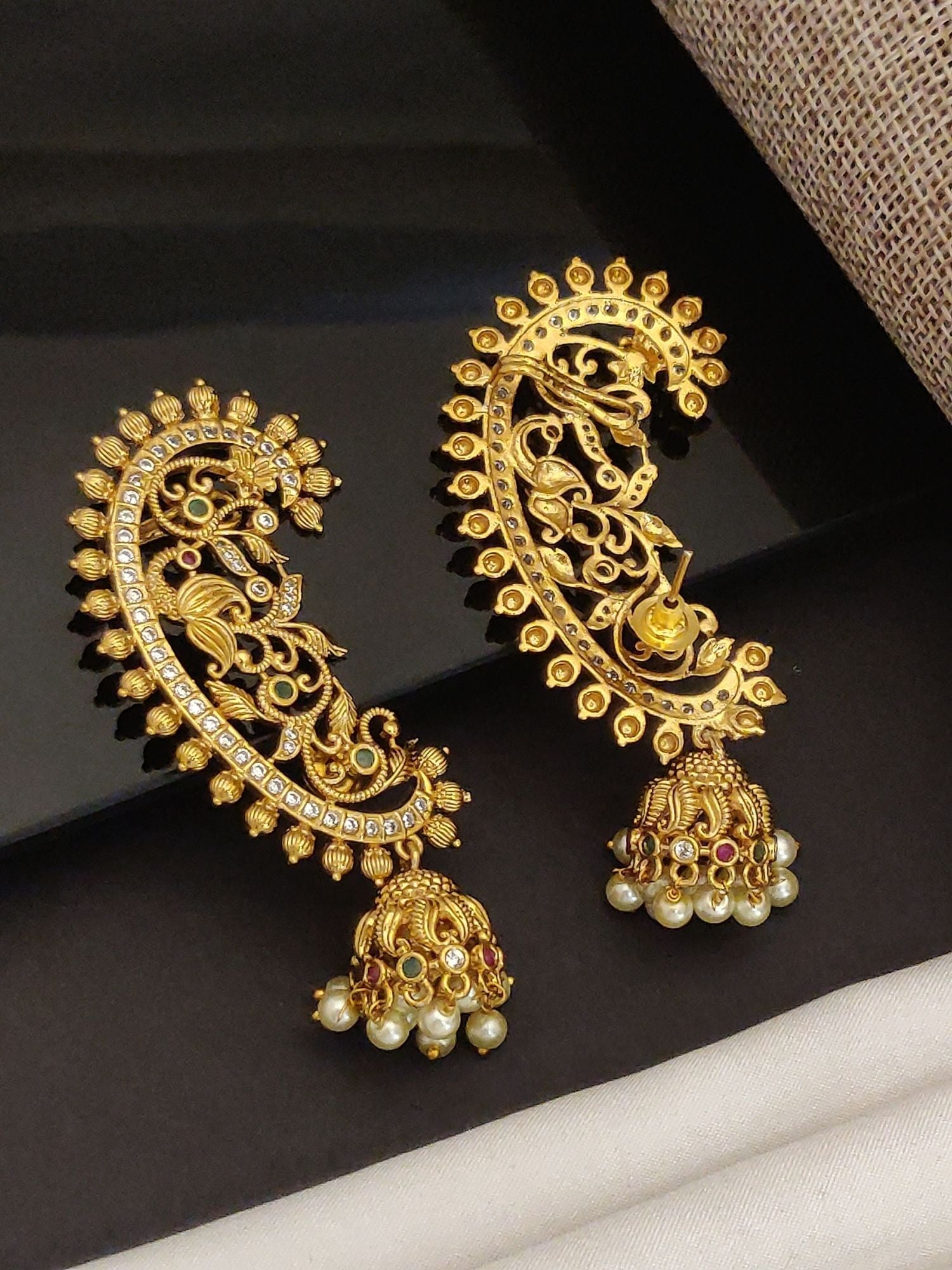 Abdesignsjewellery gold ornate jhumka style designer floral ear cuffs for women with pearl drops and filigree detailing