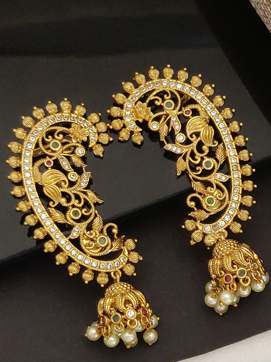 Abdesignsjewellery gold ornate jhumka style designer floral ear cuffs for women with pearl drops and filigree detailing