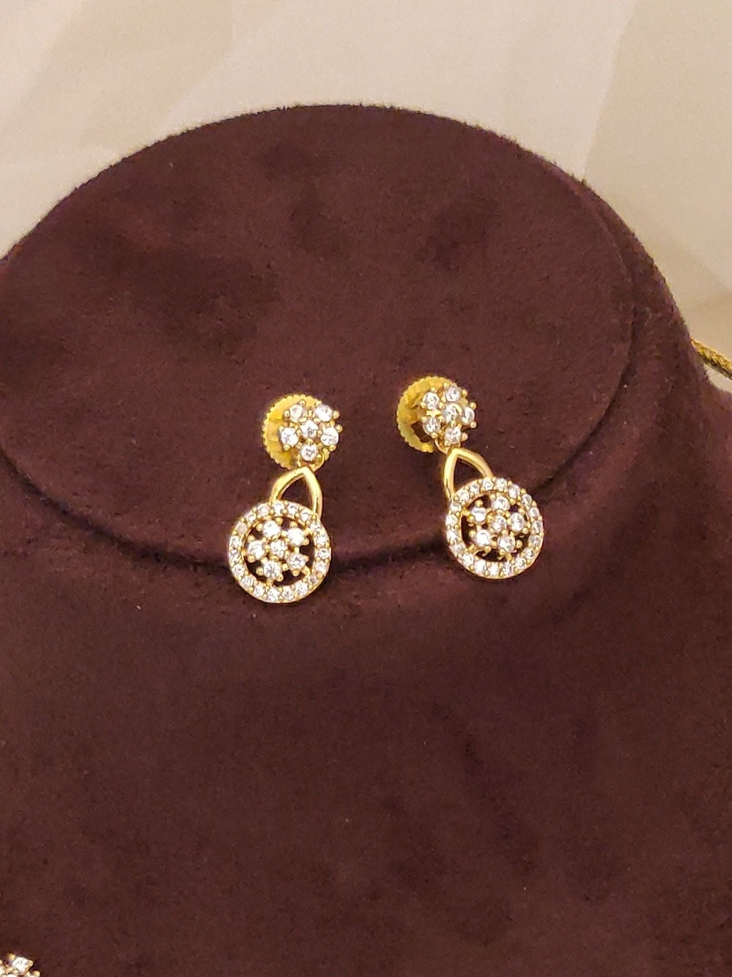 Abdesignsjewellery gold plated round drop earrings with crystal halo accents Designer gold plated fashion jewelry india