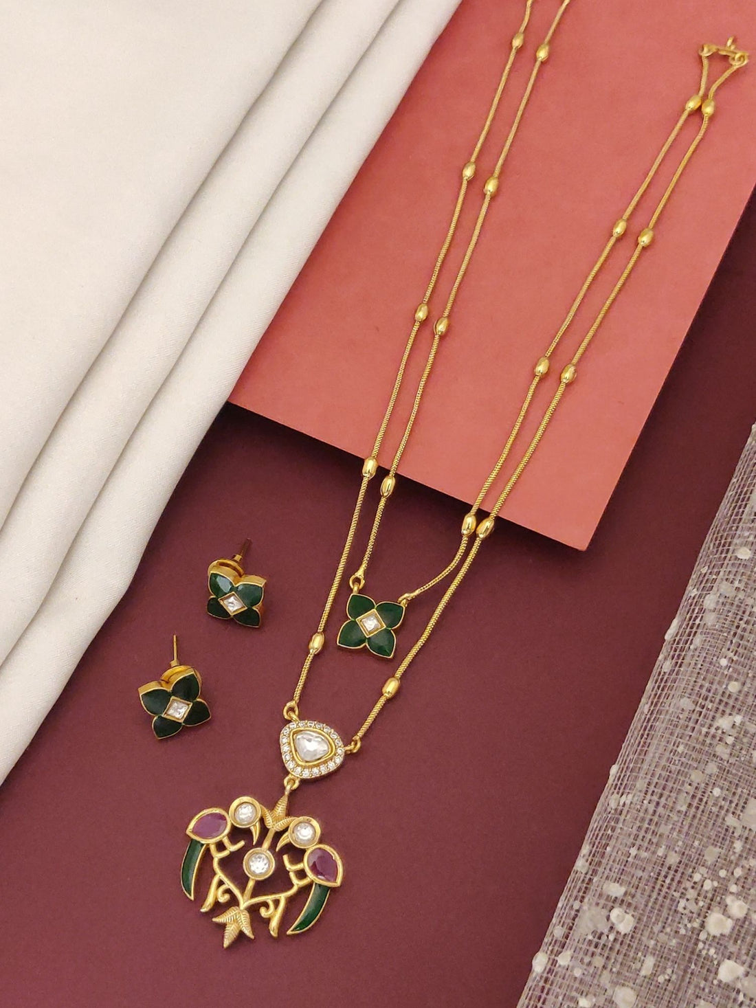 Abdesignsjewellery Double Layer paachi kundan imitation jewelry gold tone green enamel floral necklace set with earrings