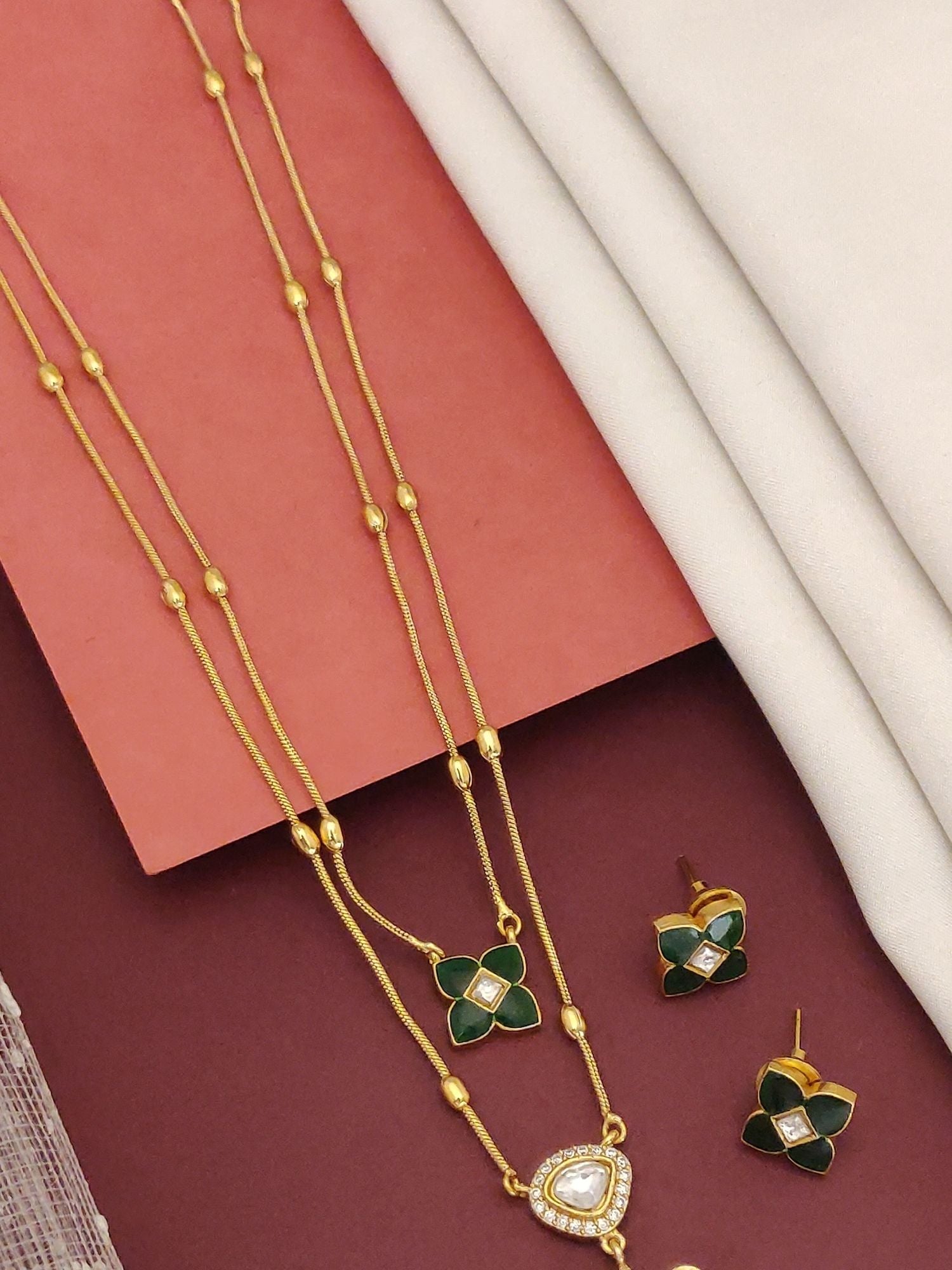 Abdesignsjewellery Double Layer paachi kundan imitation jewelry gold two layer necklace with green floral motifs and earrings