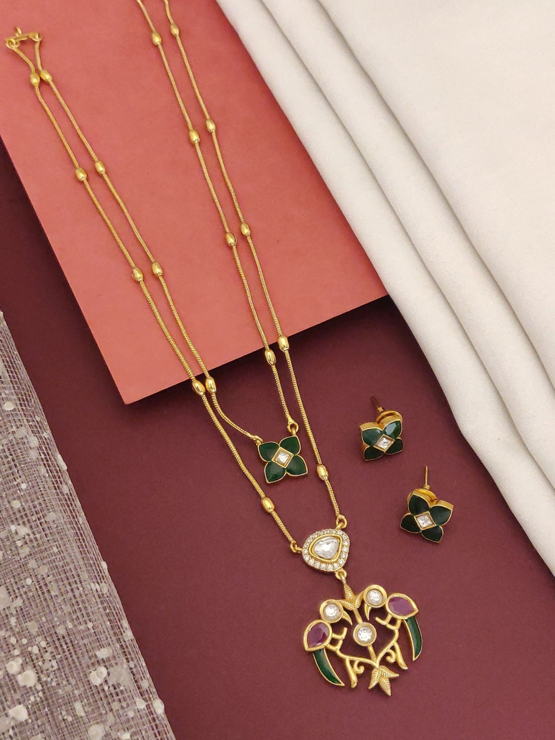 Abdesignsjewellery Double Layer paachi kundan imitation jewelry gold tone green enamel floral necklace set with earrings