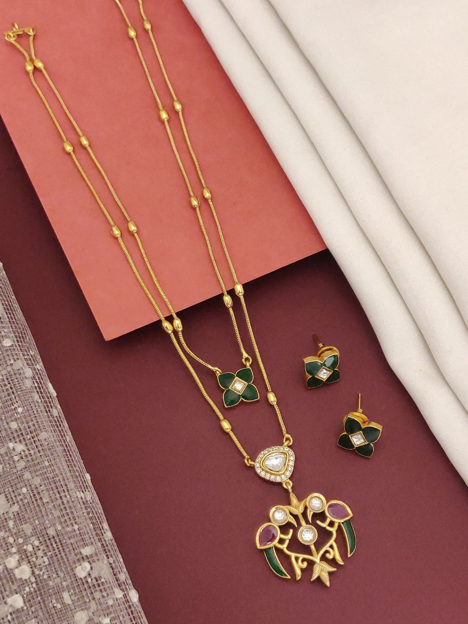 Abdesignsjewellery Double Layer paachi kundan imitation jewelry gold tone green enamel floral necklace set with earrings