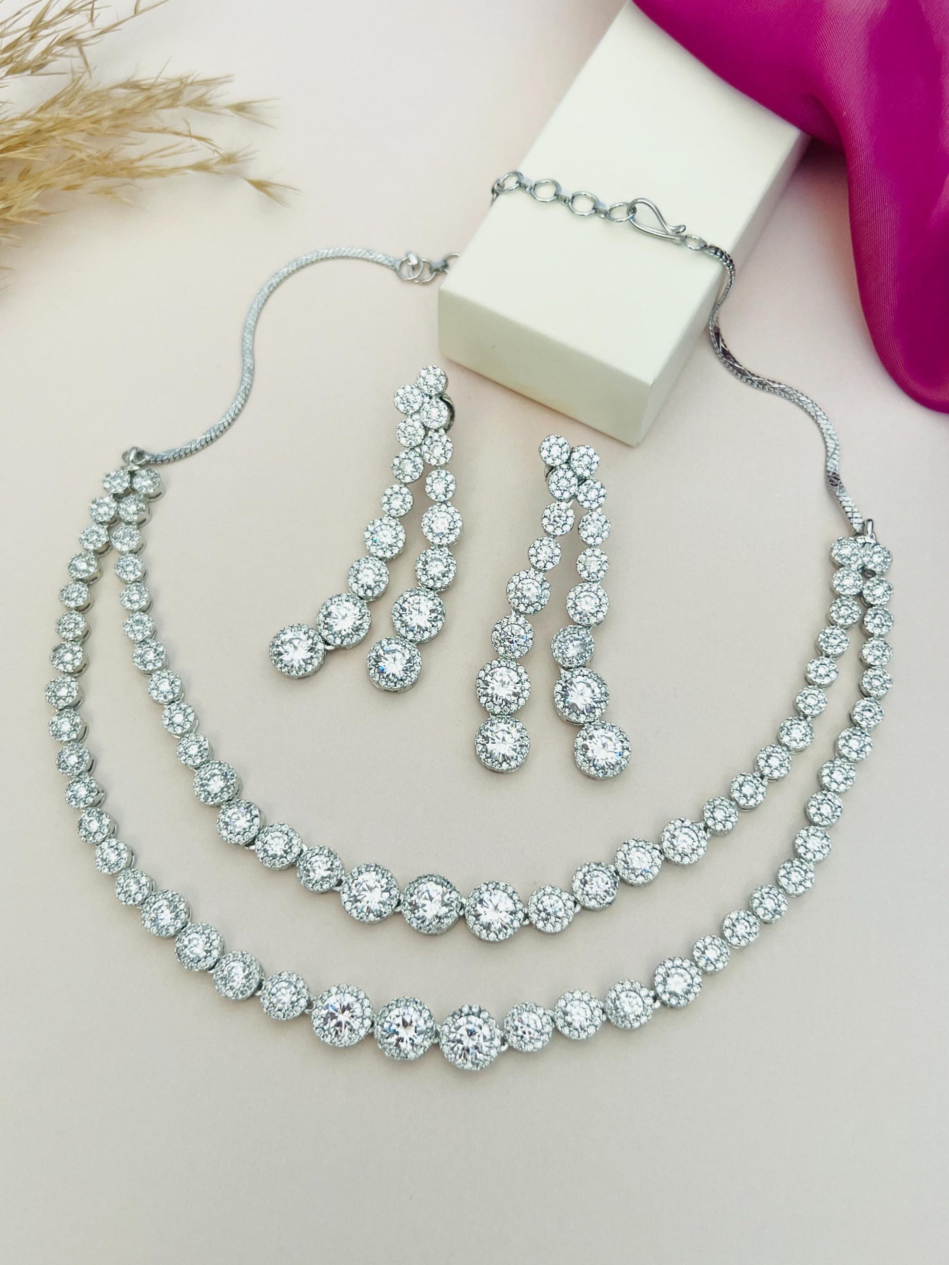 Abdesignsjewellery double layer silver necklace set with two graduated crystal chains and matching drop earrings