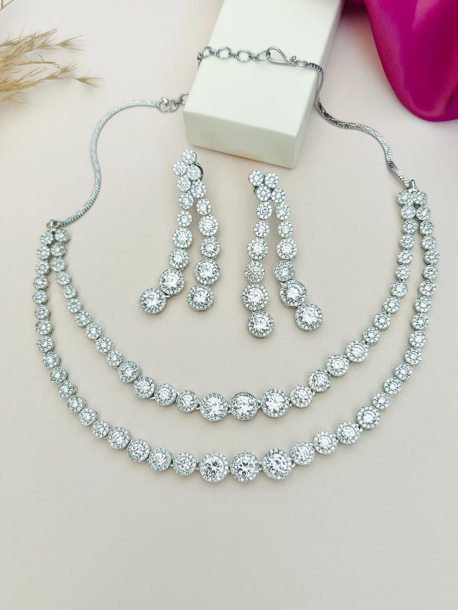 Abdesignsjewellery double layer silver necklace set with sparkling crystal two tier necklace and matching drop earrings